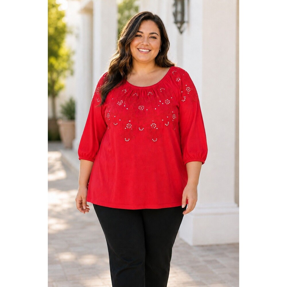 International Concepts Women’s Red Embroidered Sequin 3/4 Sleeve Top Size Large